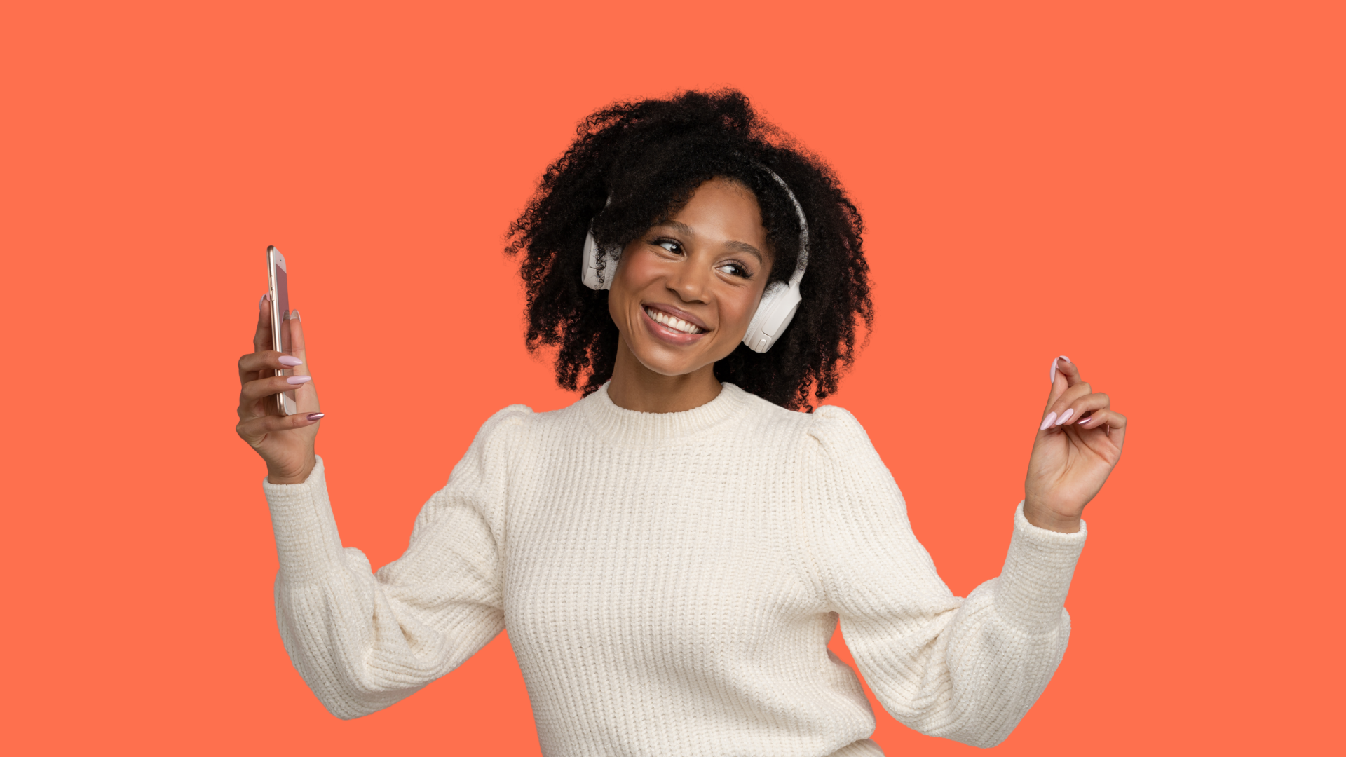 Woman with heaedphones orange bg